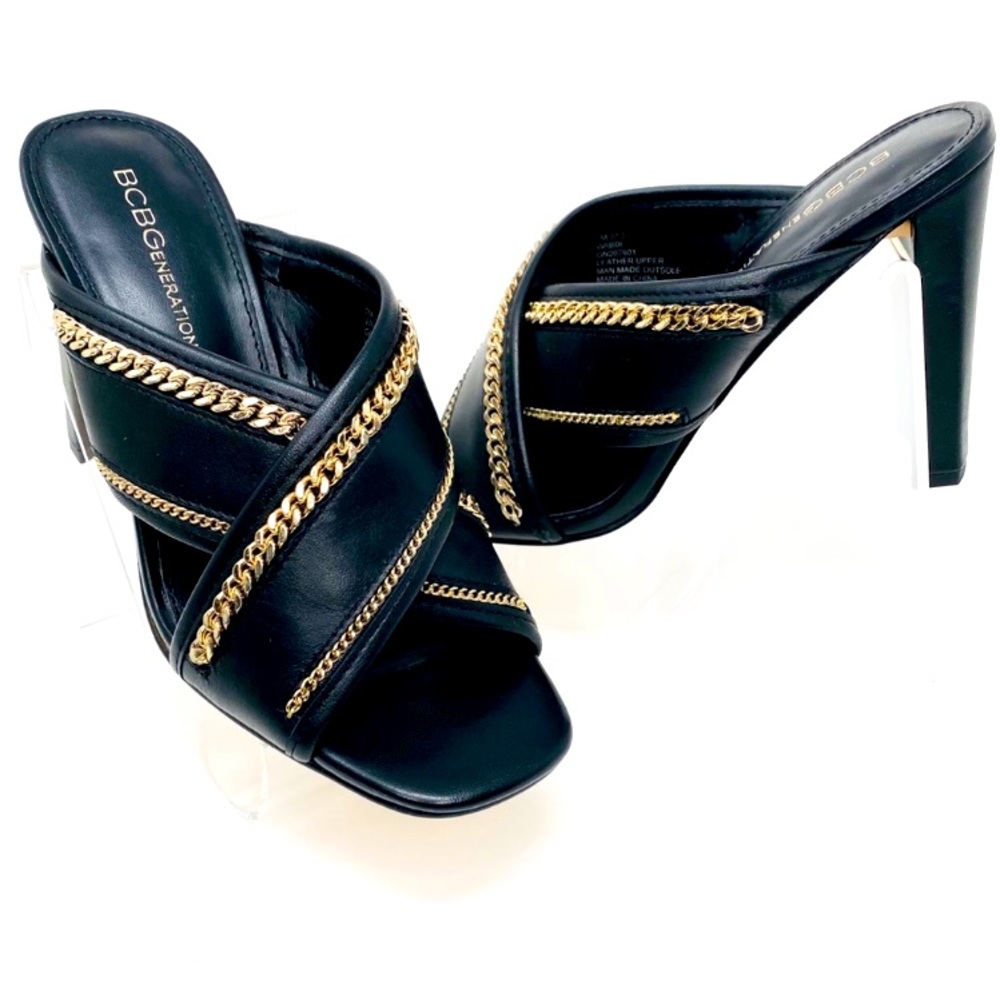 BCBGeneration WABBI BLACK LEATHER CHAIN DETAIL SLIDE-IN MULE HEELS NWOB SZ 5.5